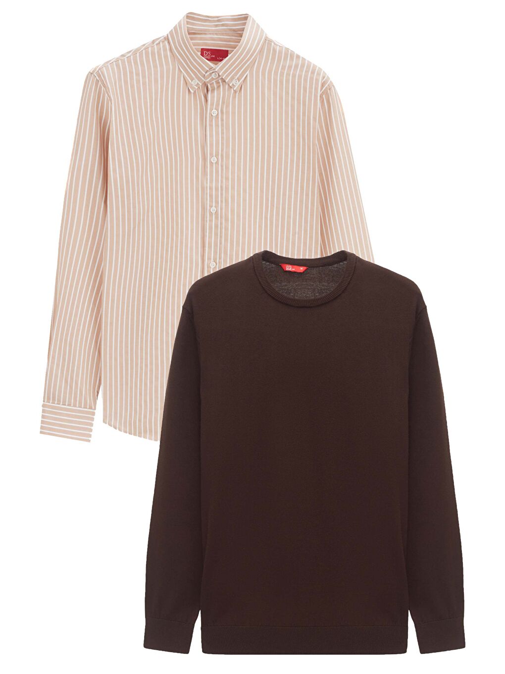 Slim Fit Kahverengi Pamuk Karışımlı 2'Li Bisiklet Yaka Gömlek Ve Kazak