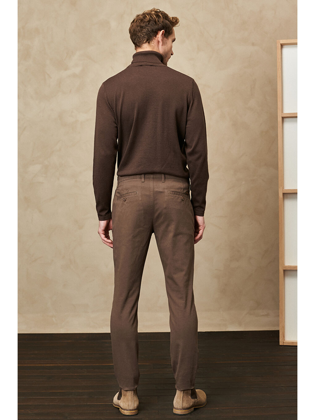 Bej Erkek Vizon Slim Fit Dar Kesim Esnek Chino Pantolon-4