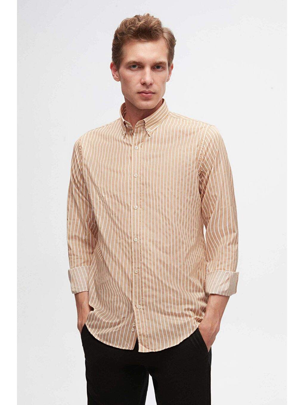 Slim Fit Kahverengi Pamuk Karışımlı 2'Li Bisiklet Yaka Gömlek Ve Kazak-1