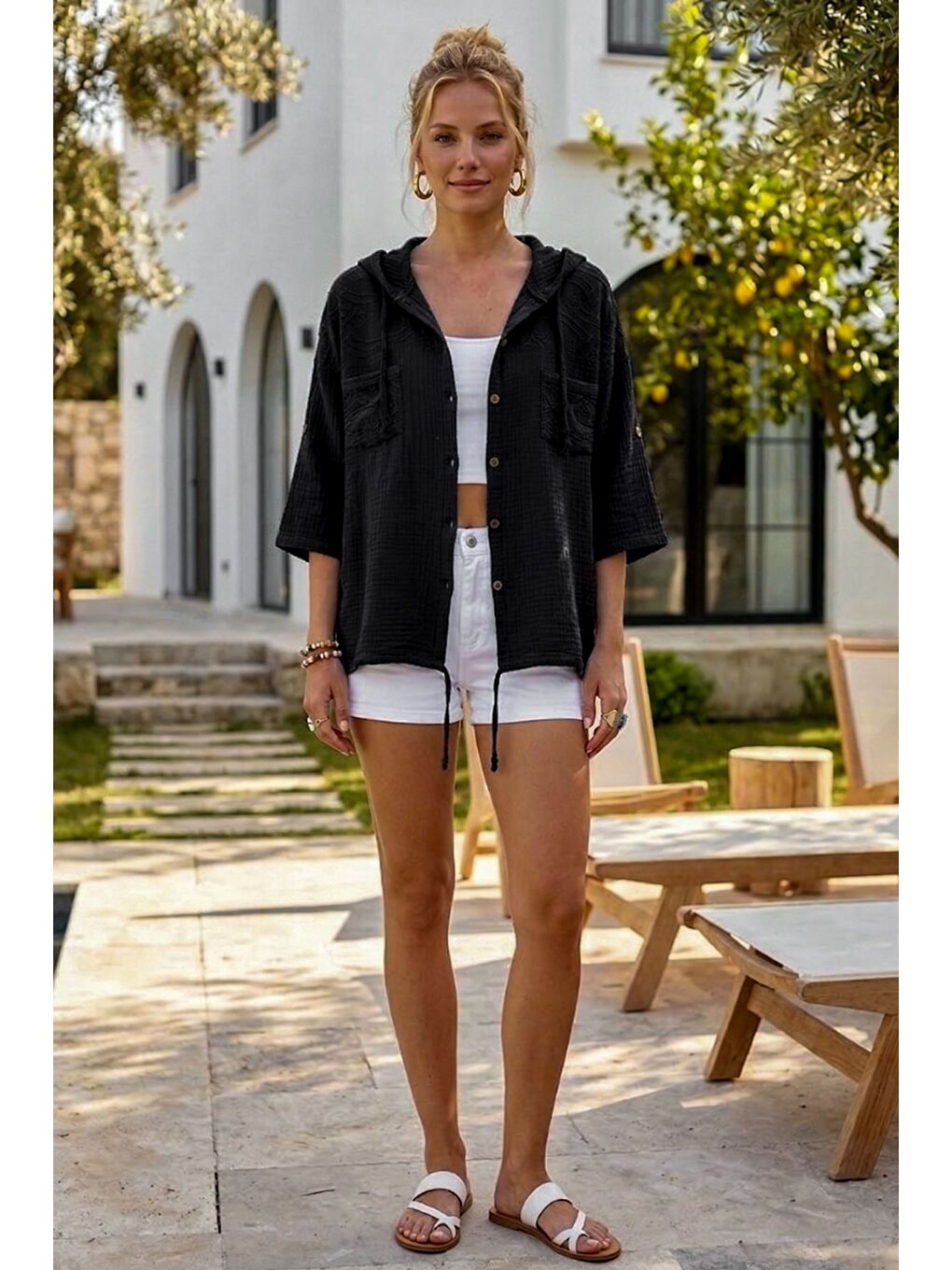 Siyah Kapüşonlu Kısa Kol Çift Cepli Brodeli Etek Ucu Bağlamalı Casual Müslin Dokuma Ceket 63 63-1