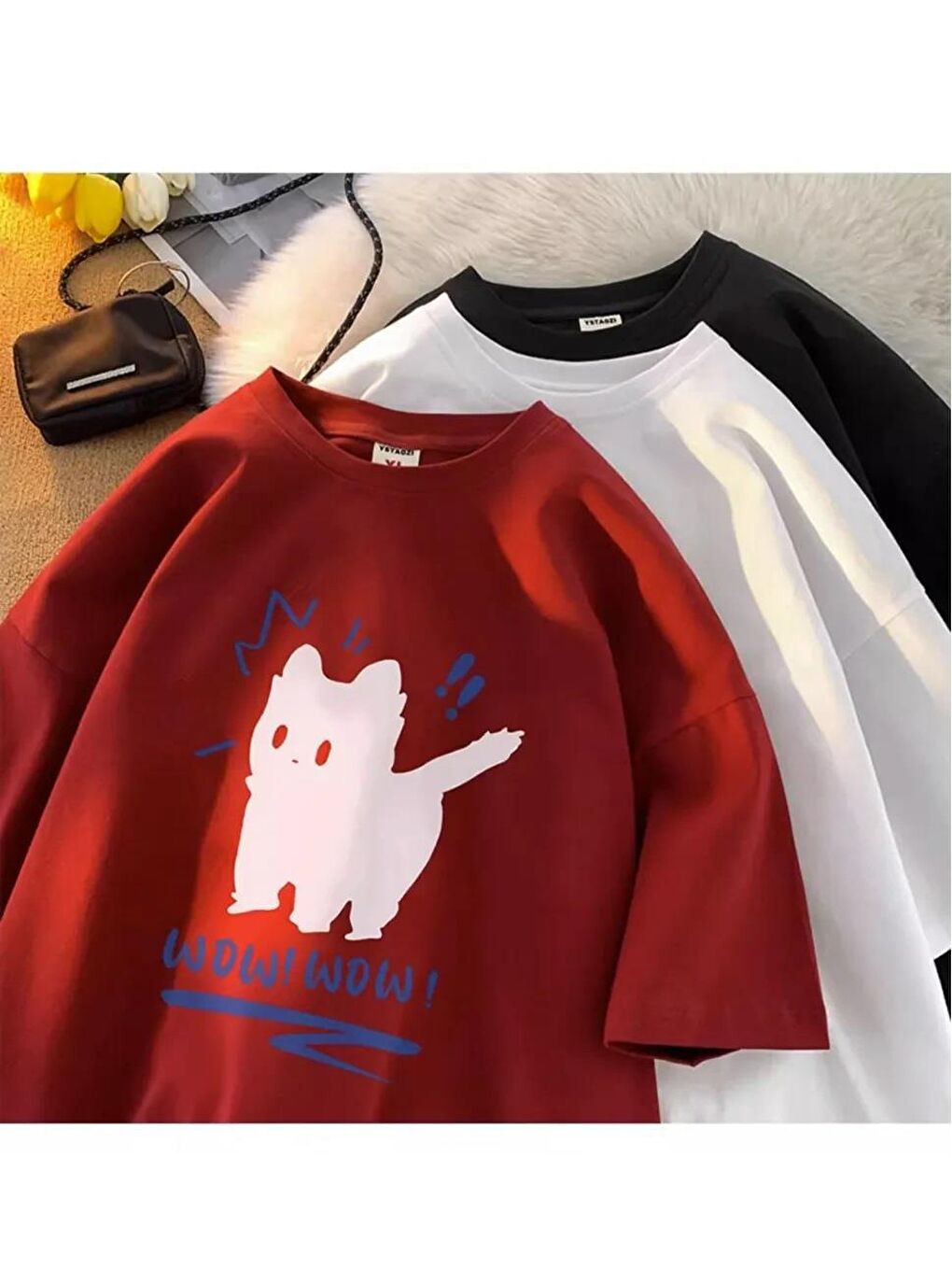 Touz Moda Kırmızı Wow Cat Baskılı Kırmızı Unisex Oversize T-shirt - 1