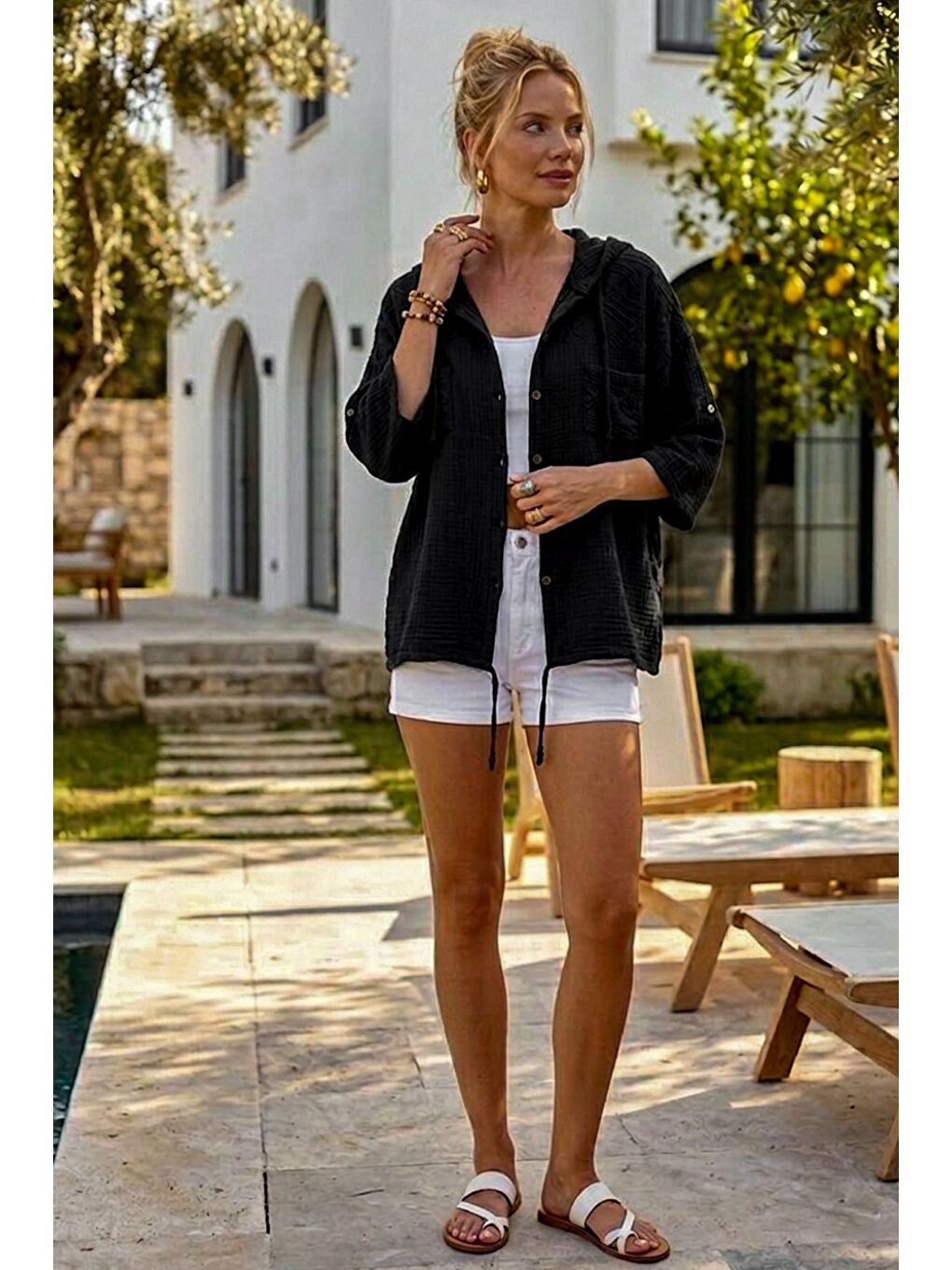 Siyah Kapüşonlu Kısa Kol Çift Cepli Brodeli Etek Ucu Bağlamalı Casual Müslin Dokuma Ceket 63 63-2