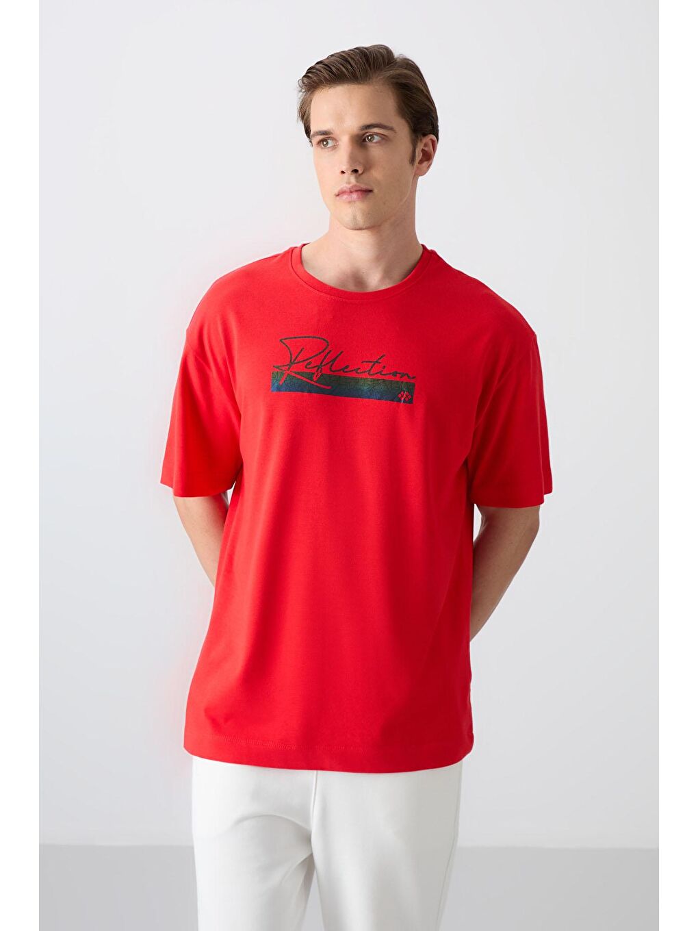 TOMMYLIFE Kırmızı Fiesta Pamuklu Kalın Yumuşak Dokulu Oversize Fit Baskılı Erkek T-Shirt - 88334 - 3