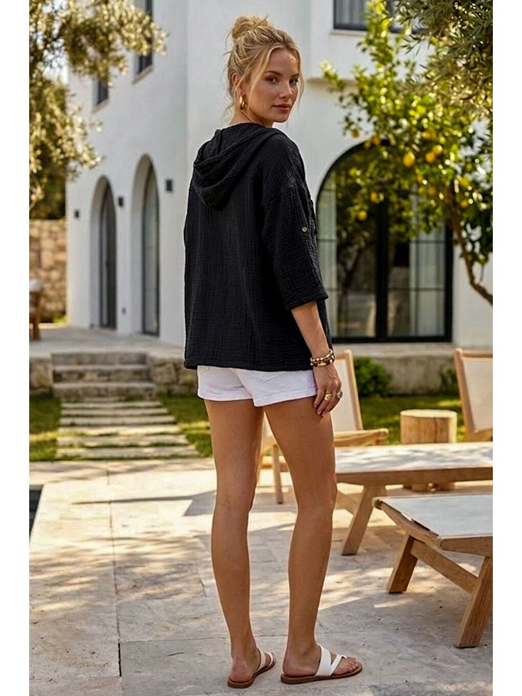 Siyah Kapüşonlu Kısa Kol Çift Cepli Brodeli Etek Ucu Bağlamalı Casual Müslin Dokuma Ceket 63 63-4