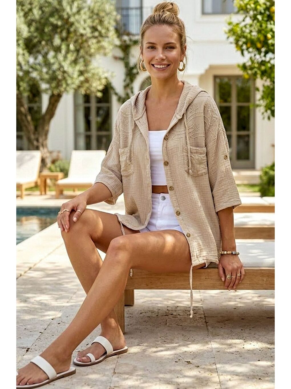 Bej Kapüşonlu Kısa Kol Çift Cepli Brodeli Etek Ucu Bağlamalı Casual Müslin Dokuma Ceket 63 63-1