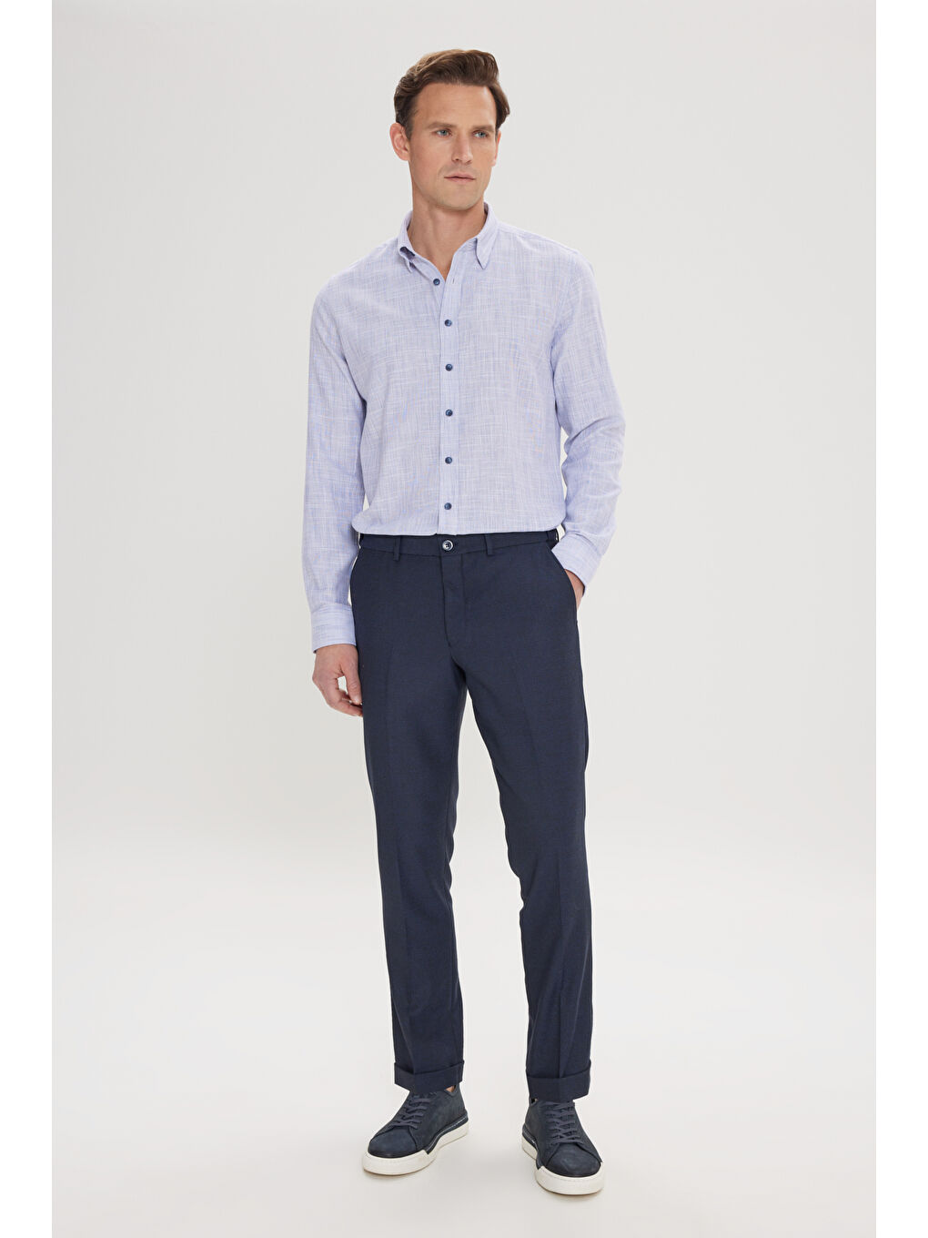 Erkek Lacivert Slim Fit Kuş Gözü Desenli Esnek Beli Lastikli Bağlamalı Pantolon