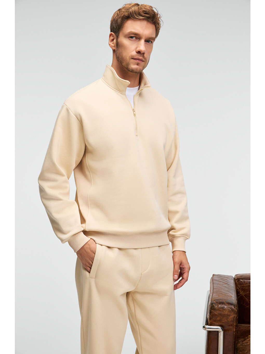 Bej BAXTER Erkek Dik Yakalı Fermuarlı Relaxed VANİLYA Sweatshirt-2