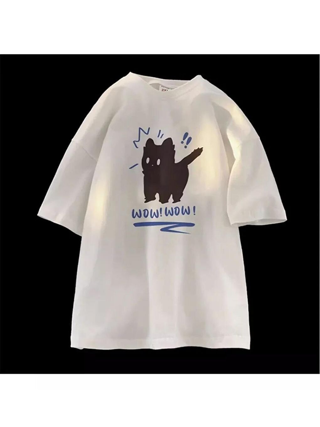 Touz Moda Beyaz Wow Cat Baskılı Beyaz Unisex Oversize T-shirt