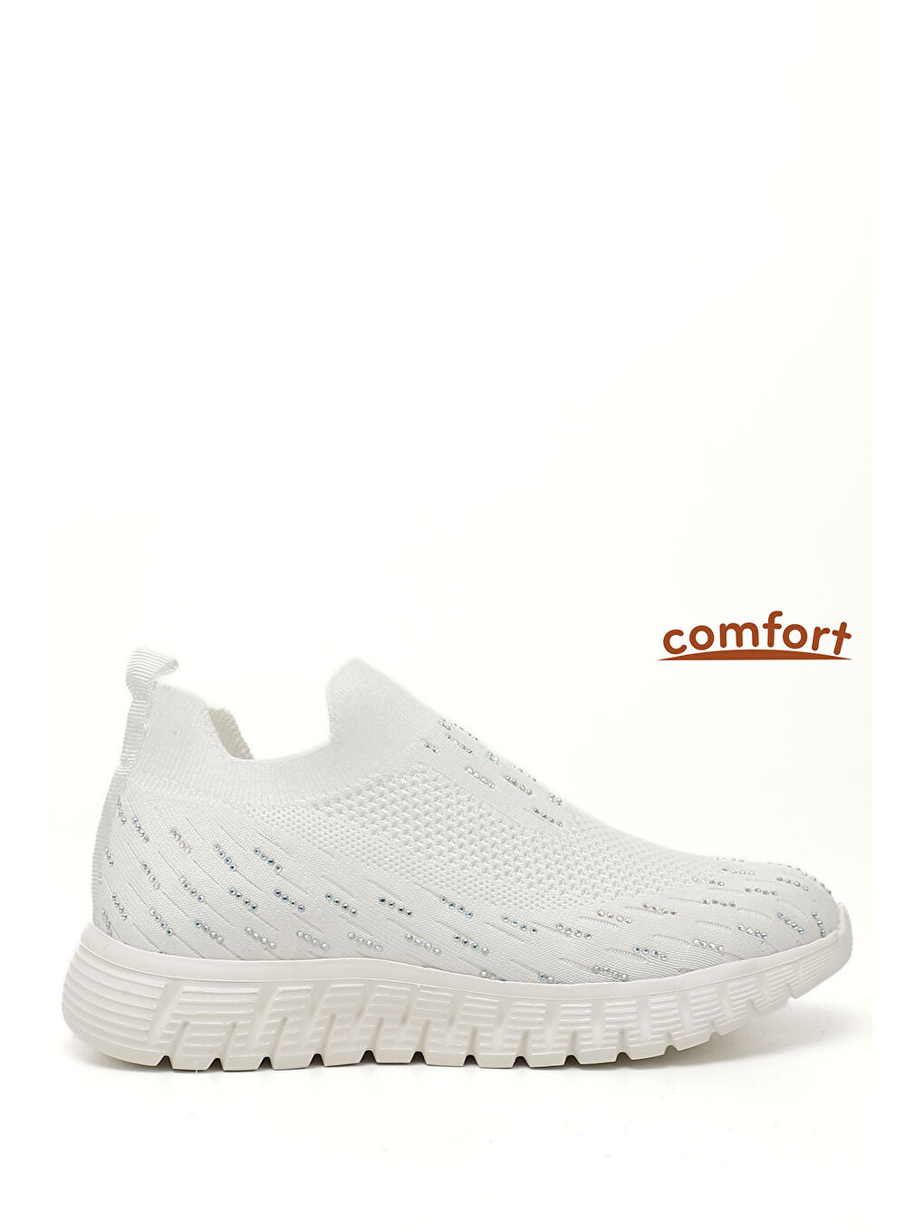 Beyaz Kadın BEYAZ-AÇIK GRİ Triko Taşlı Memory Foam Tabanlıklı Comfort Sneaker