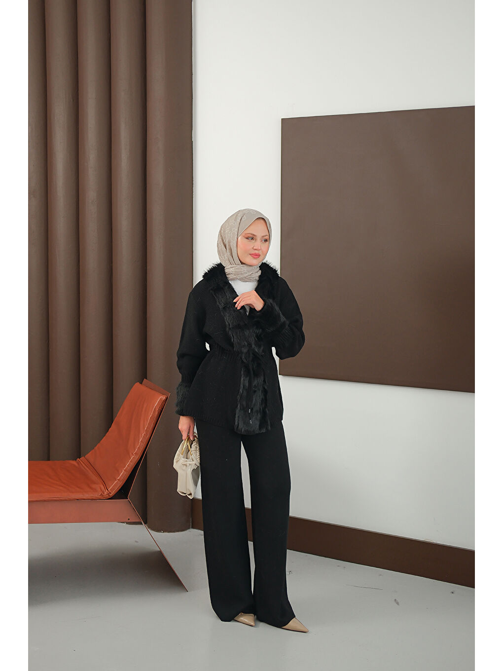 Kadın Pelüş Detay Triko Takım Siyah-1