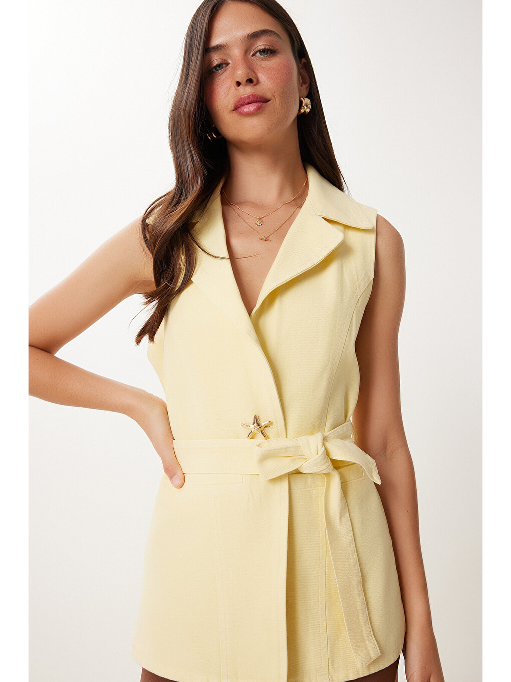 Sarı Düğmeli Gabardin Yelek SARI HPB0001-2