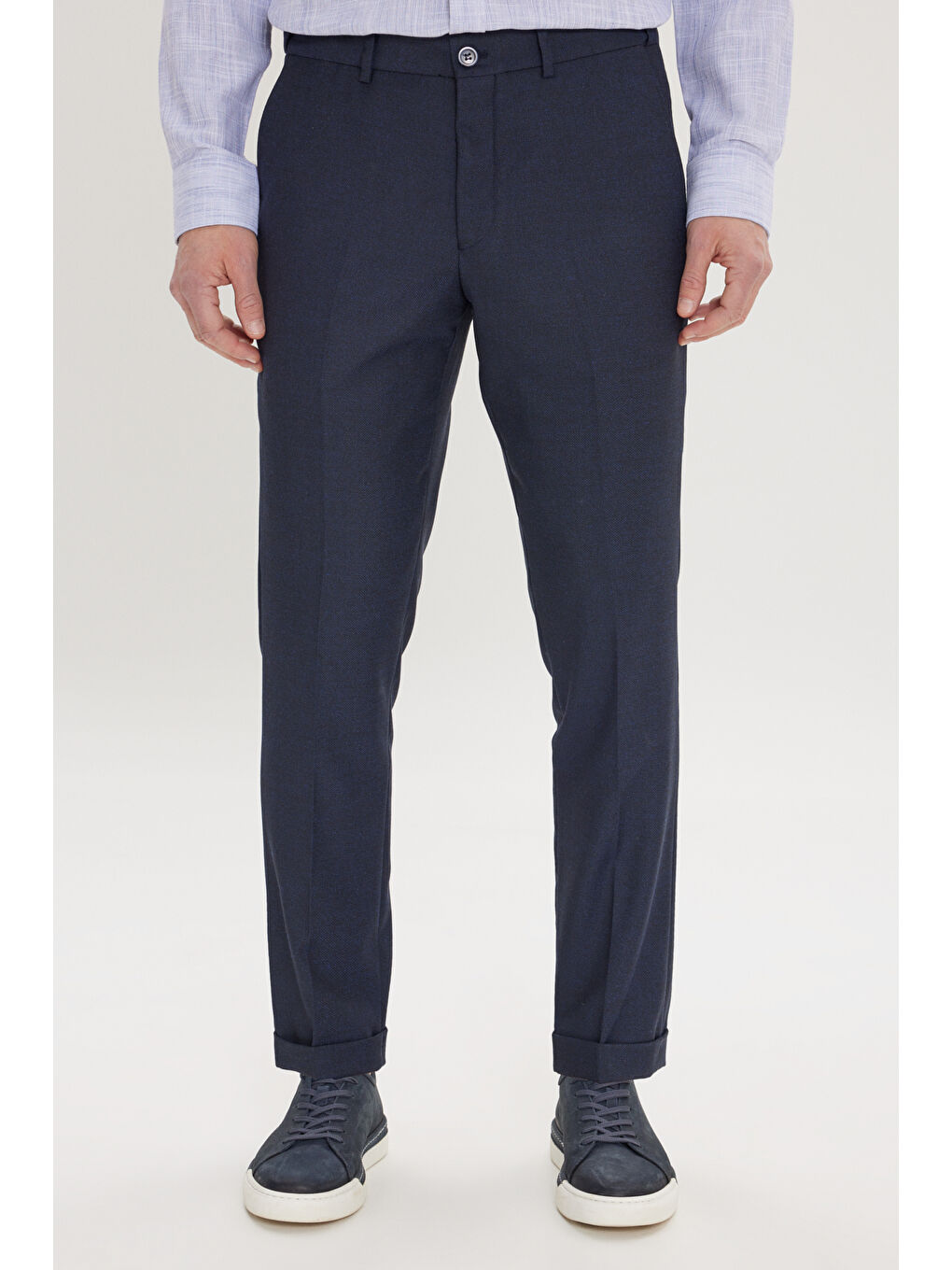 Erkek Lacivert Slim Fit Kuş Gözü Desenli Esnek Beli Lastikli Bağlamalı Pantolon-1