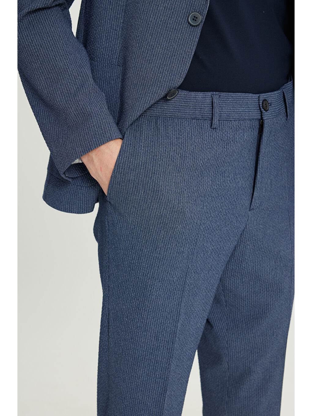 Erkek Lacivert Ekstra Slim Fit Mono Yaka Kapak Cepli Takım Elbise-5