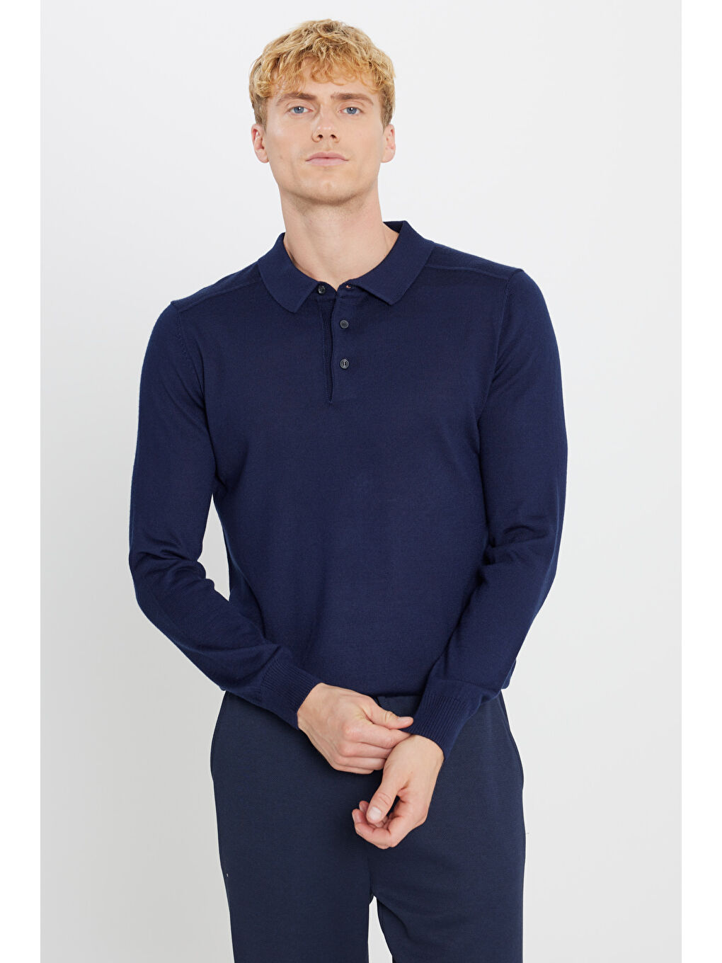 Erkek Lacivert Yünlü Standart Fit Normal Kesim Polo Yaka Triko Kazak