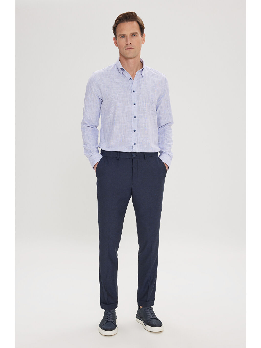 Erkek Lacivert Slim Fit Kuş Gözü Desenli Esnek Beli Lastikli Bağlamalı Pantolon-2