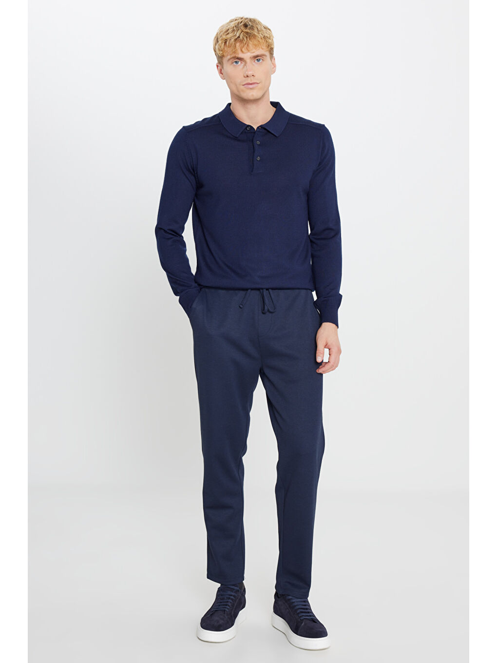 Erkek Lacivert Yünlü Standart Fit Normal Kesim Polo Yaka Triko Kazak-1