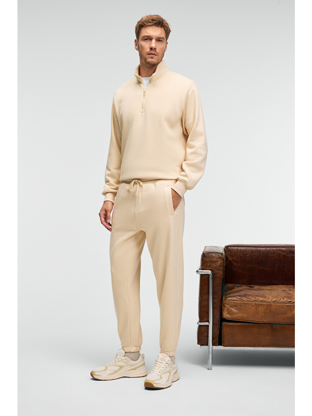 Bej BAXTER Erkek Dik Yakalı Fermuarlı Relaxed VANİLYA Sweatshirt-3