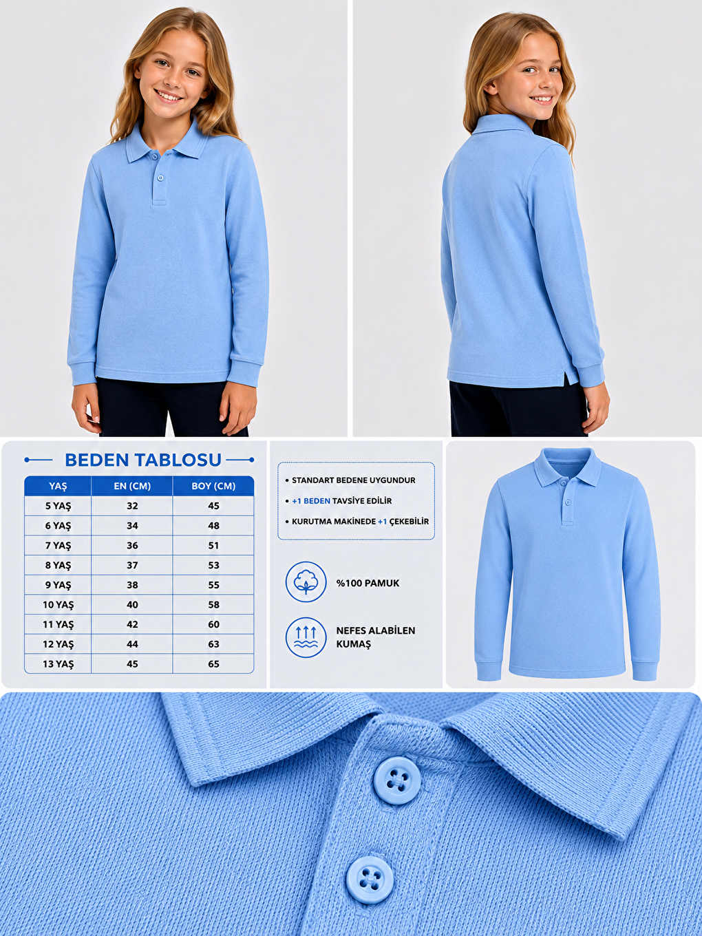 Mavi Kids Polo Yaka Basic Uzun Kollu Unisex Kız Çocuk Tişört-1