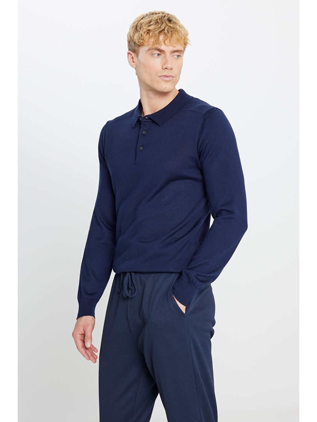 Erkek Lacivert Yünlü Standart Fit Normal Kesim Polo Yaka Triko Kazak-2