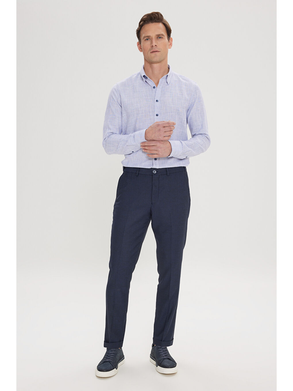 Erkek Lacivert Slim Fit Kuş Gözü Desenli Esnek Beli Lastikli Bağlamalı Pantolon-4