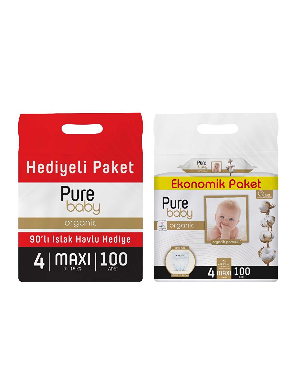 Pure Baby Renksiz Organik Pamuklu Cırtlı Bez 4 Numara Maxi 100 Adet + Organik Pamuklu Islak Havlu 90 Yaprak - 1