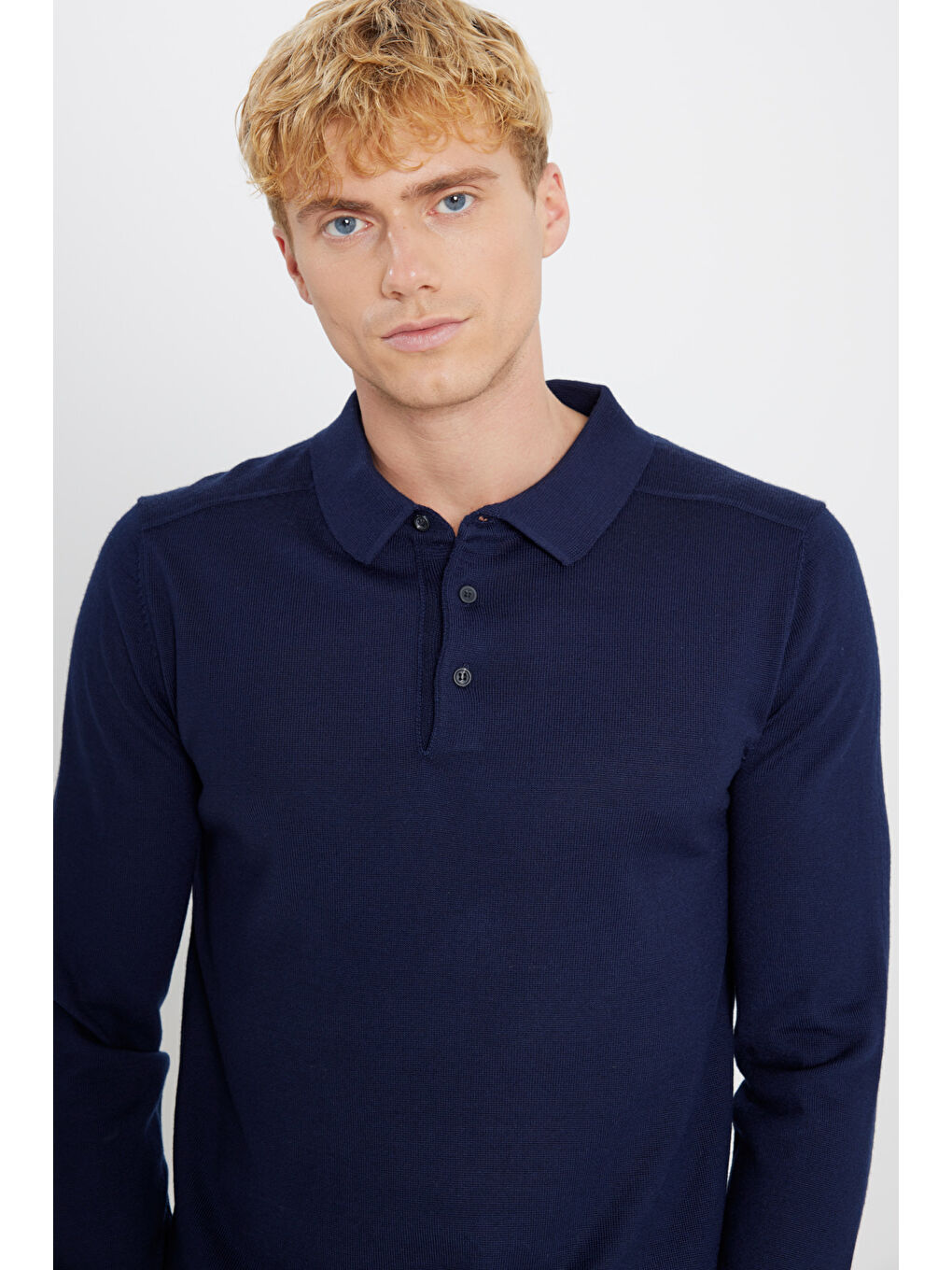 Erkek Lacivert Yünlü Standart Fit Normal Kesim Polo Yaka Triko Kazak-3
