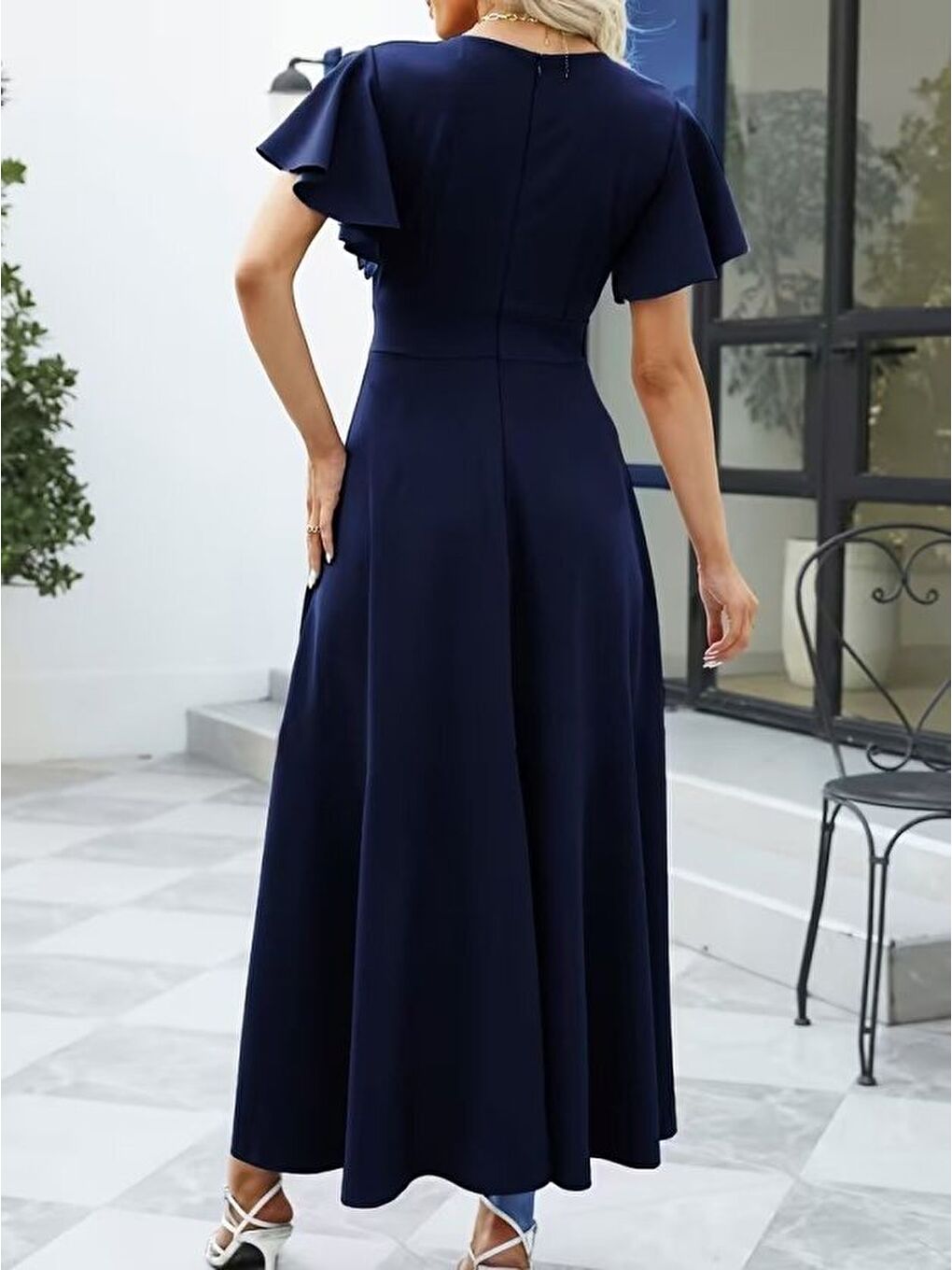Lacivert Kadın Kısa Kollu Kruvaze Yakalı ön Asimetrik Volanlı Uzun Ithal Krep Elbise-1