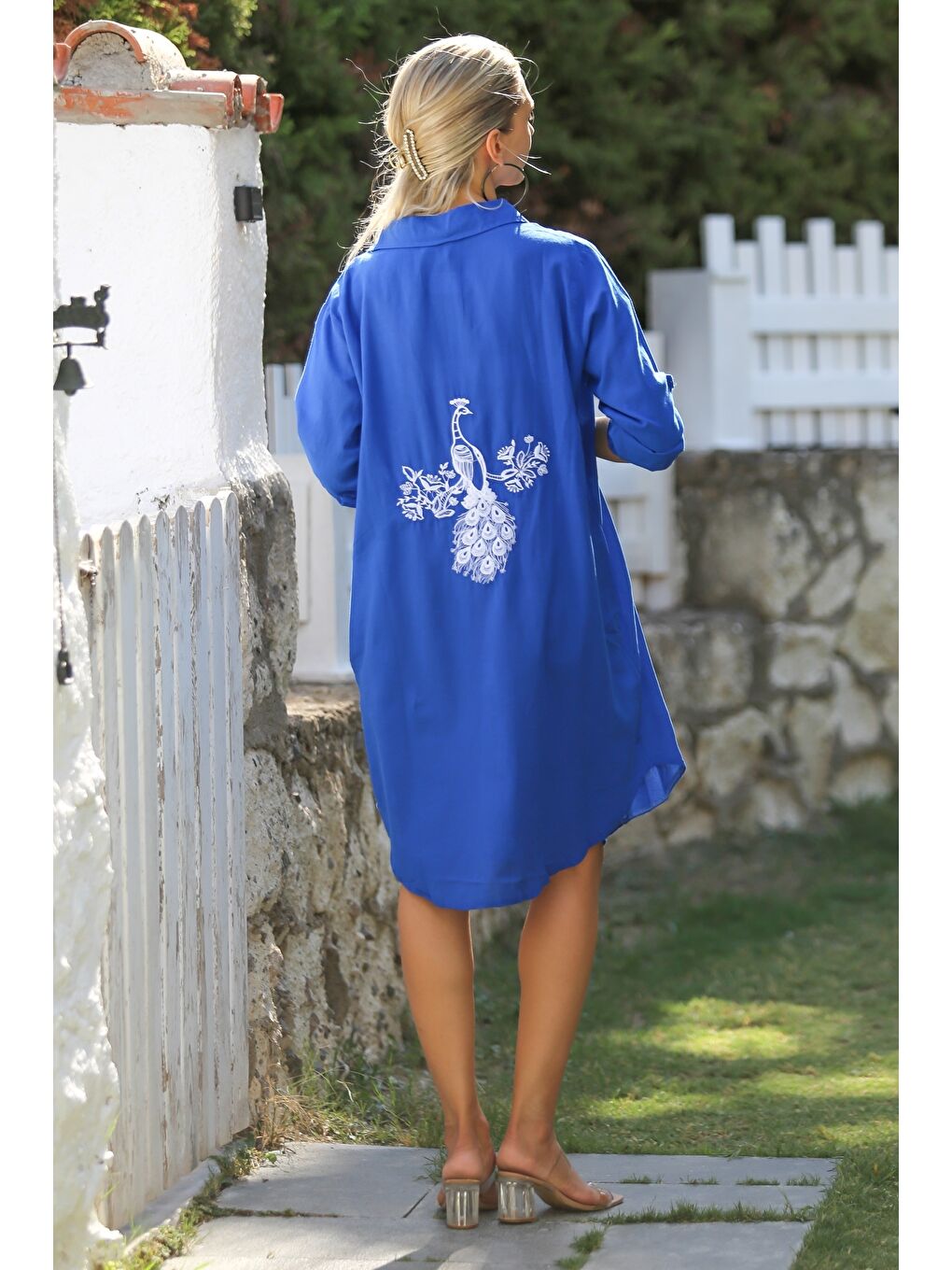 Gece Mavisi Gömlek Yaka Düğmeli Uzun Kollu Cepli Tavuskuşu Nakışlı Pamuklu Dokuma Casual Elbise-7