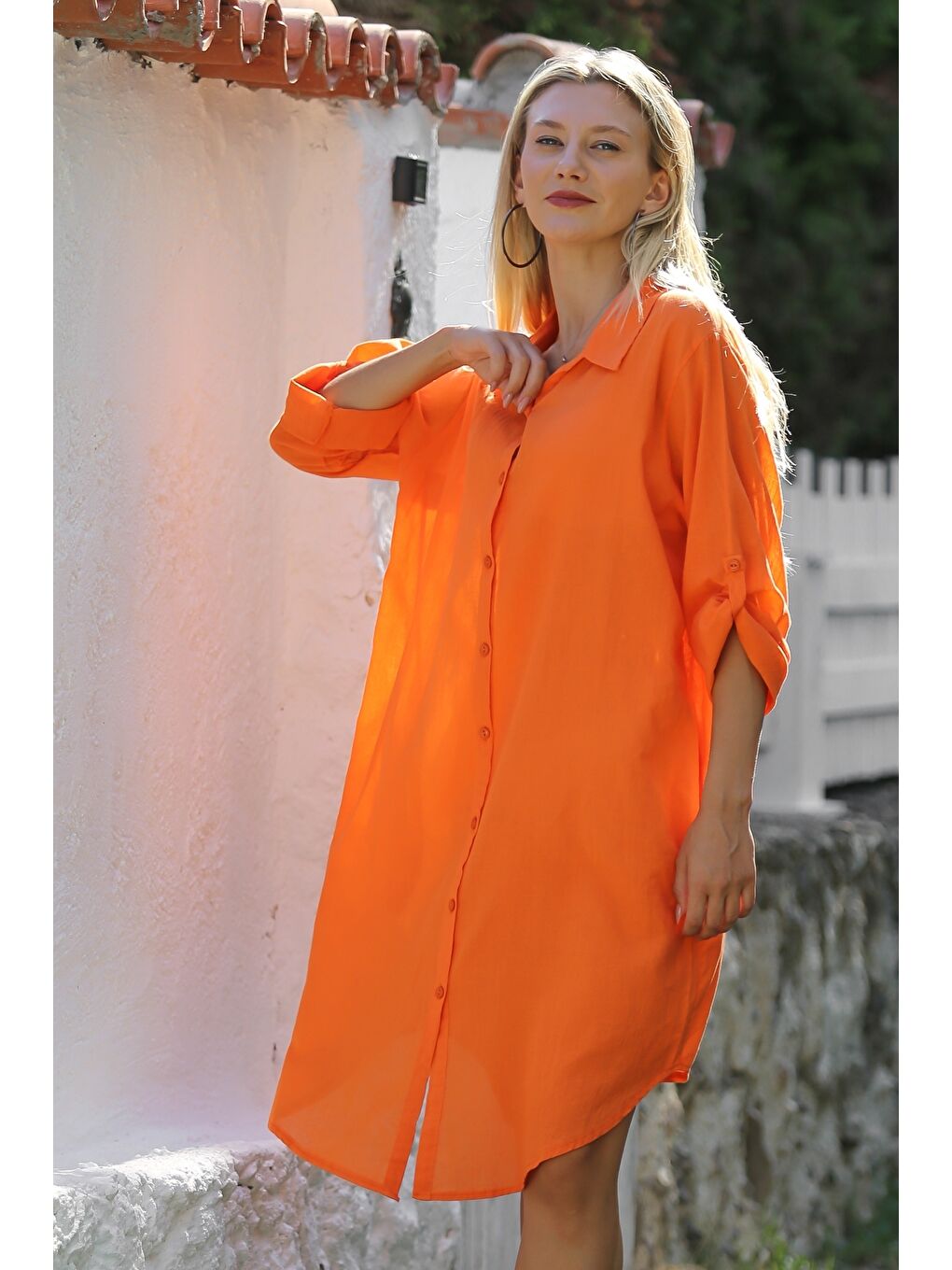 Turuncu Gömlek Yaka Düğmeli Uzun Kollu Cepli Göz Nakışlı Pamuklu Dokuma Casual Elbise-6
