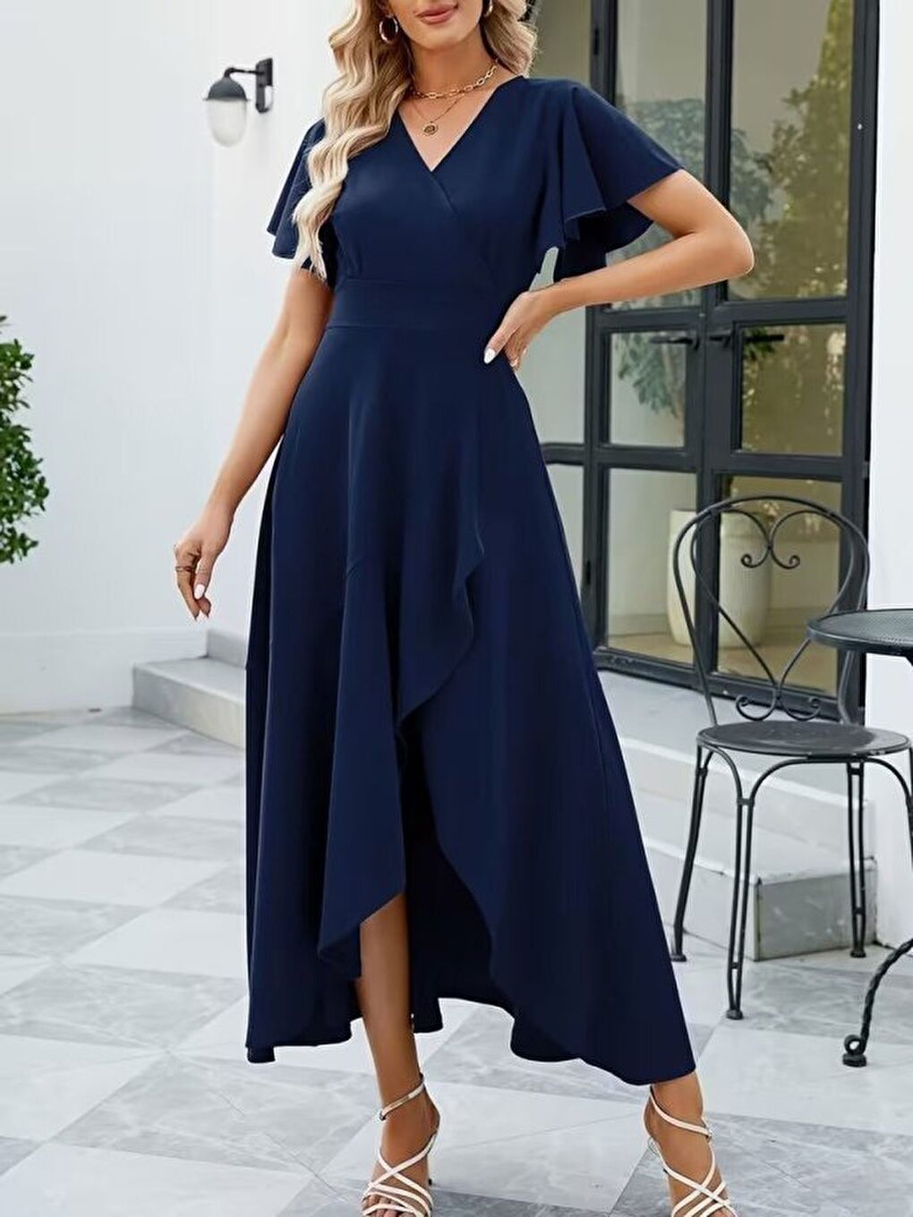 Lacivert Kadın Kısa Kollu Kruvaze Yakalı ön Asimetrik Volanlı Uzun Ithal Krep Elbise-2