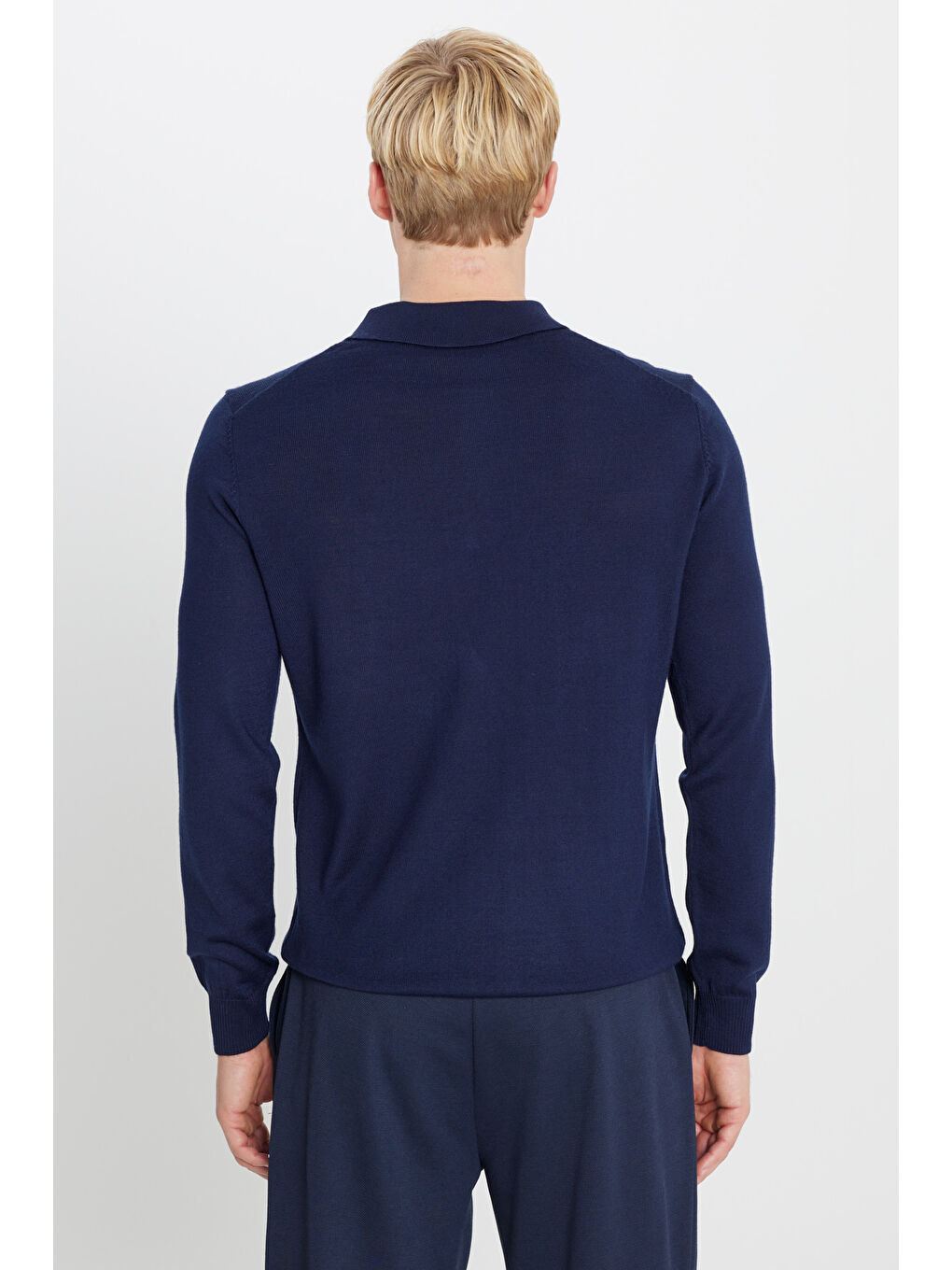 Erkek Lacivert Yünlü Standart Fit Normal Kesim Polo Yaka Triko Kazak-4