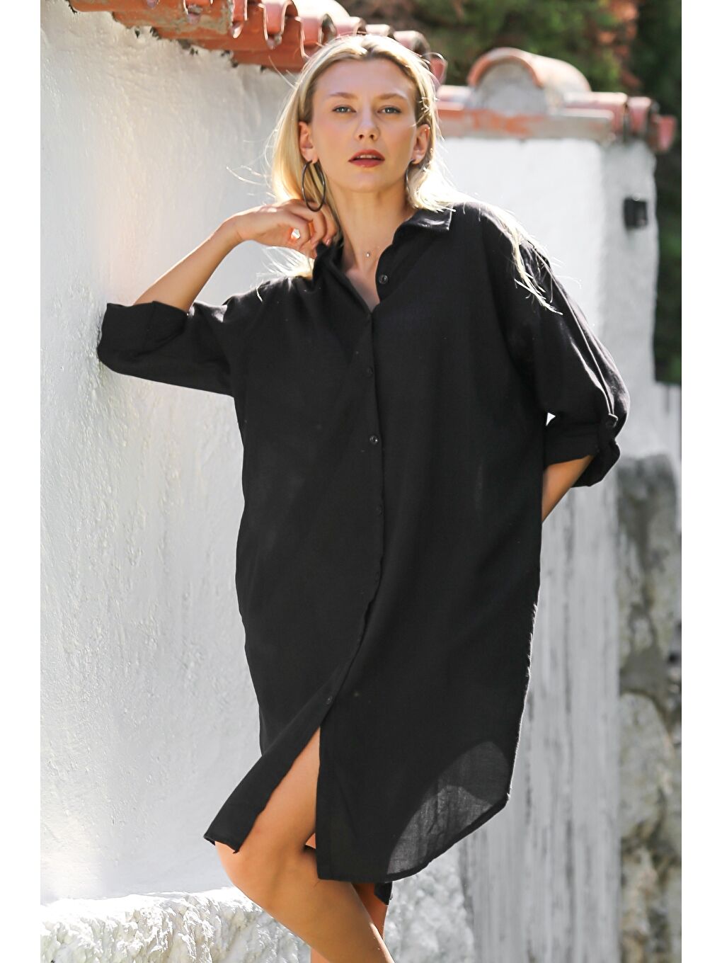 Siyah Gömlek Yaka Düğmeli Uzun Kollu Cepli Göz Nakışlı Pamuklu Dokuma Casual Elbise-6