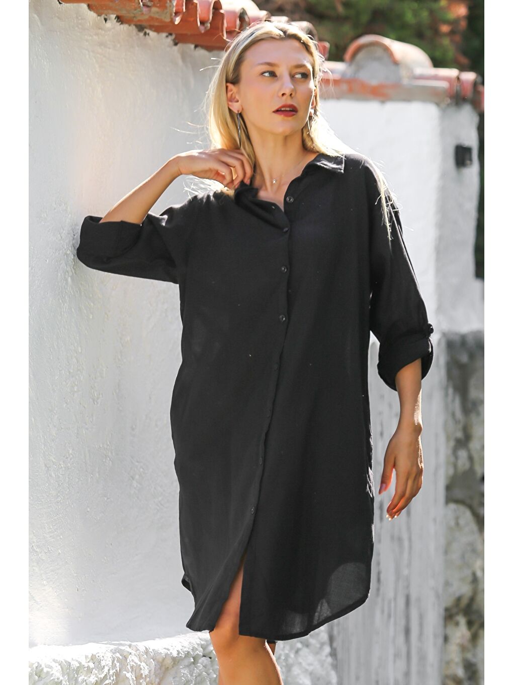 Siyah Gömlek Yaka Düğmeli Uzun Kollu Cepli Göz Nakışlı Pamuklu Dokuma Casual Elbise-7