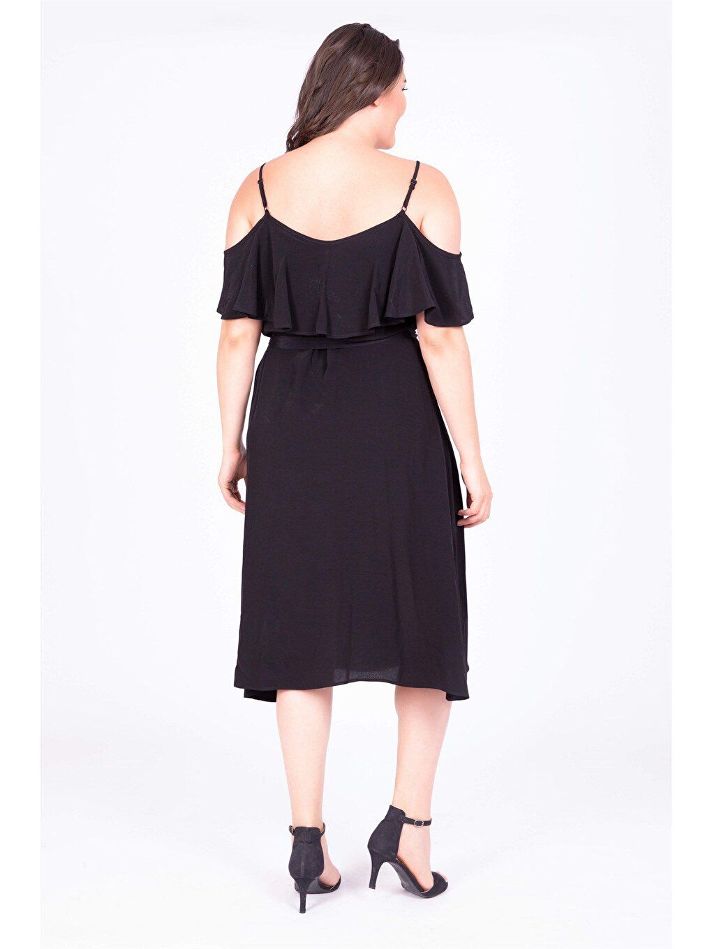 Siyah Volanlı Kemerli Elbise-2