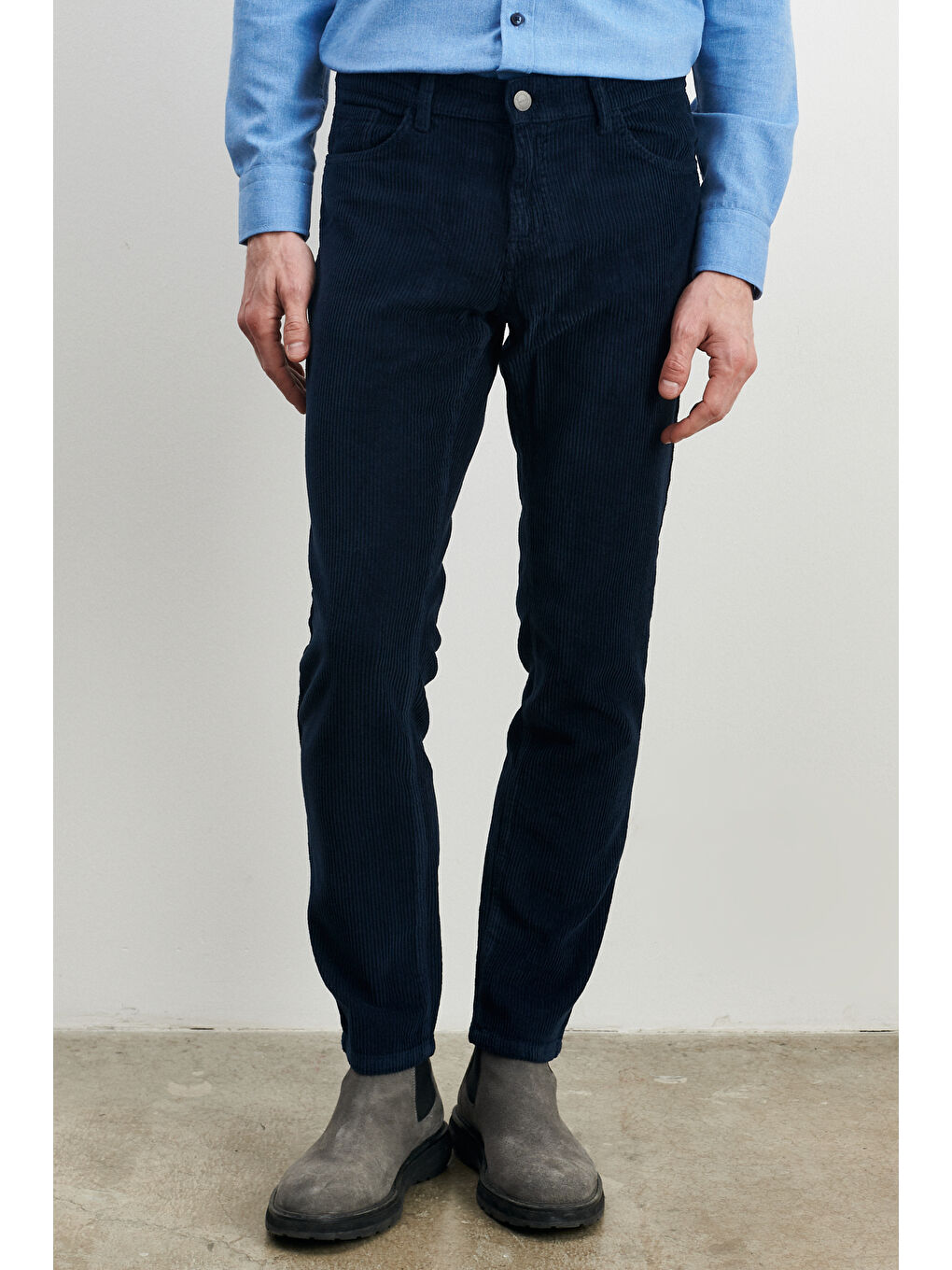 Erkek Lacivert Slim Fit Dar Kesim Esnek Kadife Pantolon