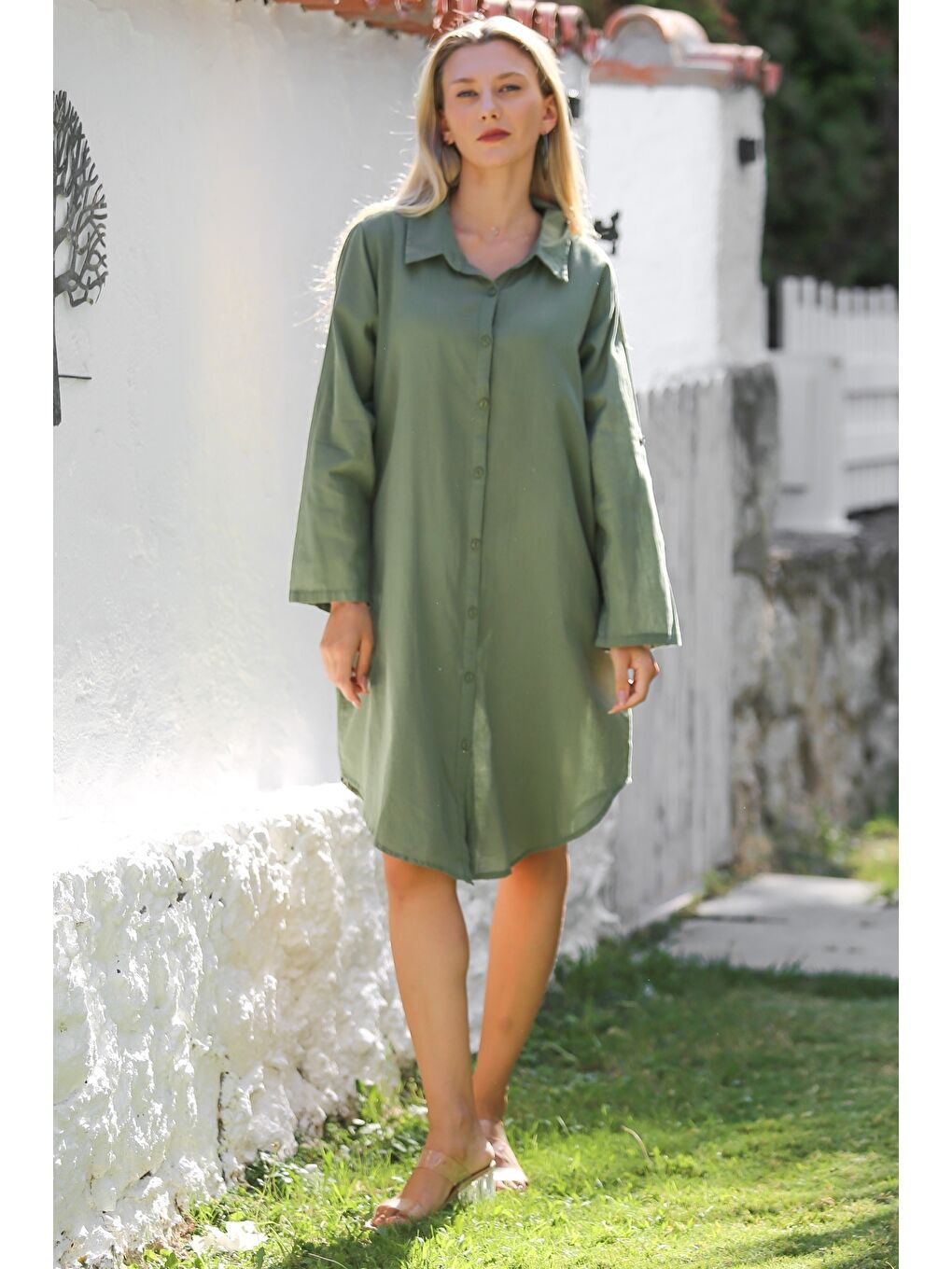 Haki Gömlek Yaka Düğmeli Uzun Kollu Cepli Göz Nakışlı Pamuklu Dokuma Casual Elbise-2
