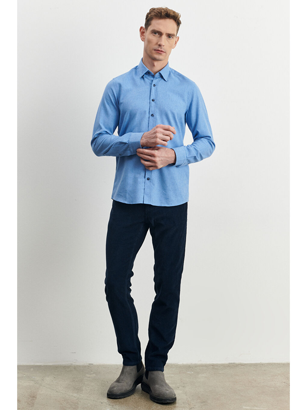 Erkek Lacivert Slim Fit Dar Kesim Esnek Kadife Pantolon-1