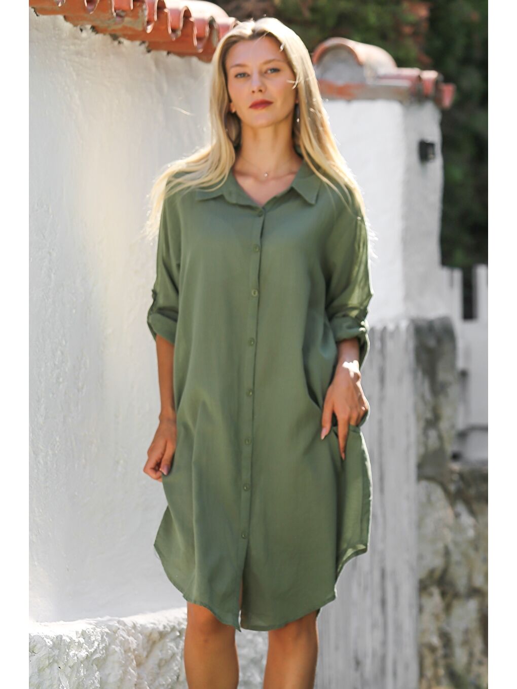 Haki Gömlek Yaka Düğmeli Uzun Kollu Cepli Göz Nakışlı Pamuklu Dokuma Casual Elbise-4