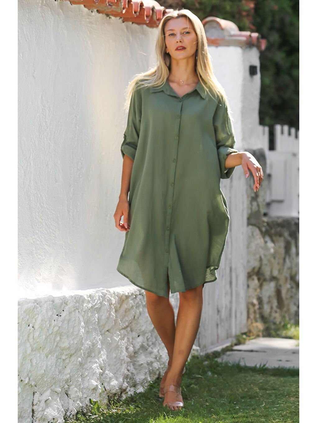 Haki Gömlek Yaka Düğmeli Uzun Kollu Cepli Göz Nakışlı Pamuklu Dokuma Casual Elbise-5