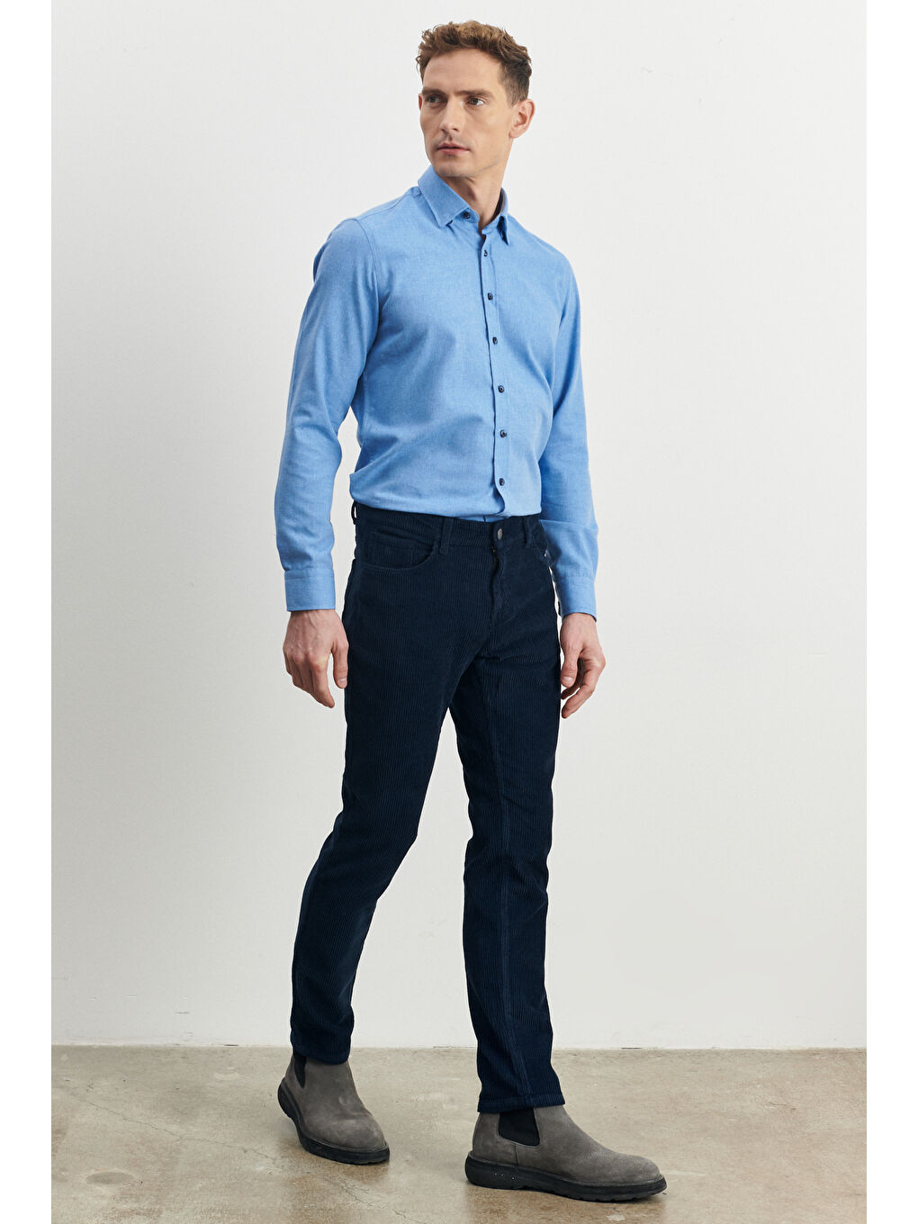 Erkek Lacivert Slim Fit Dar Kesim Esnek Kadife Pantolon-2