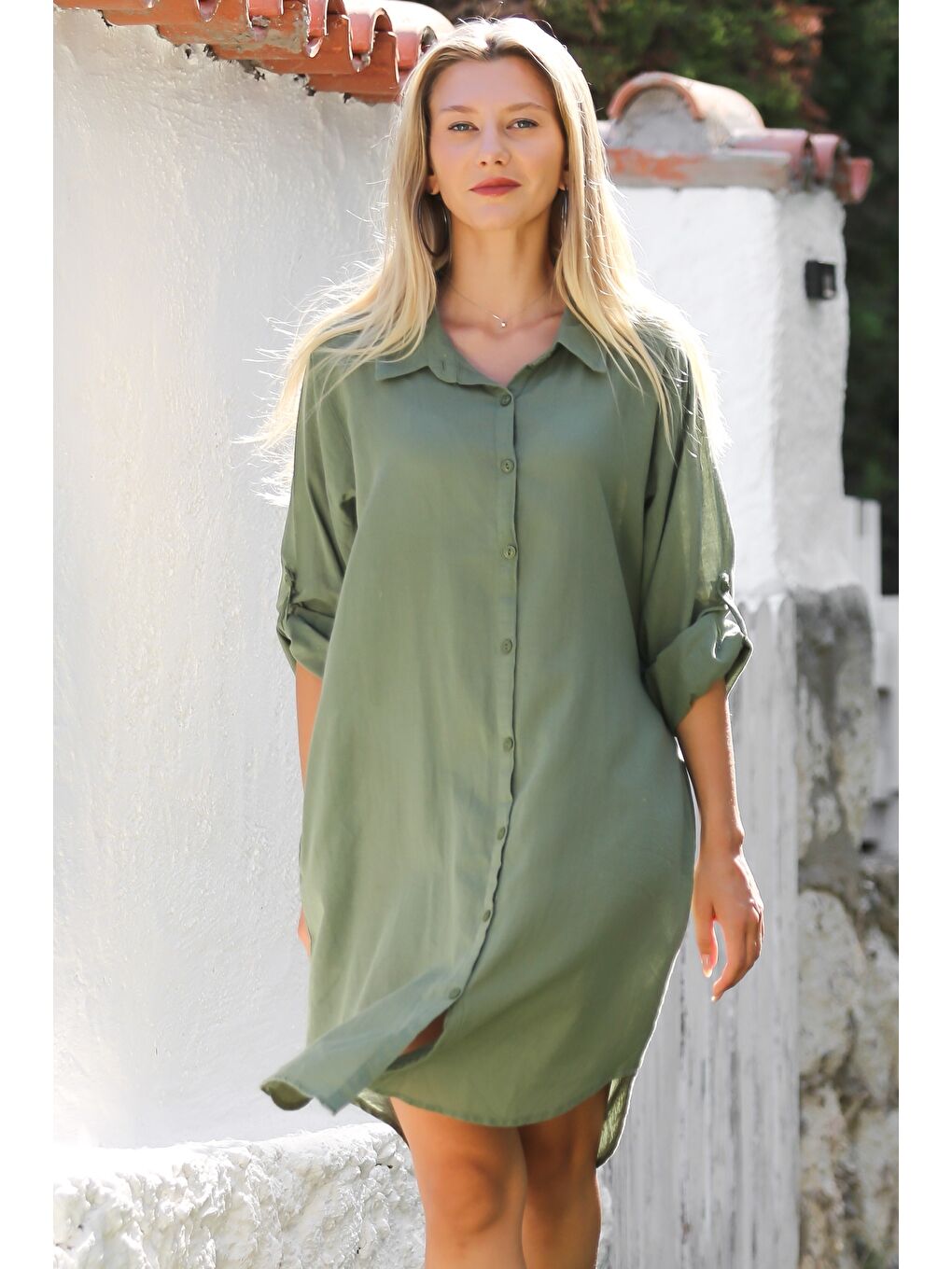 Haki Gömlek Yaka Düğmeli Uzun Kollu Cepli Göz Nakışlı Pamuklu Dokuma Casual Elbise-7