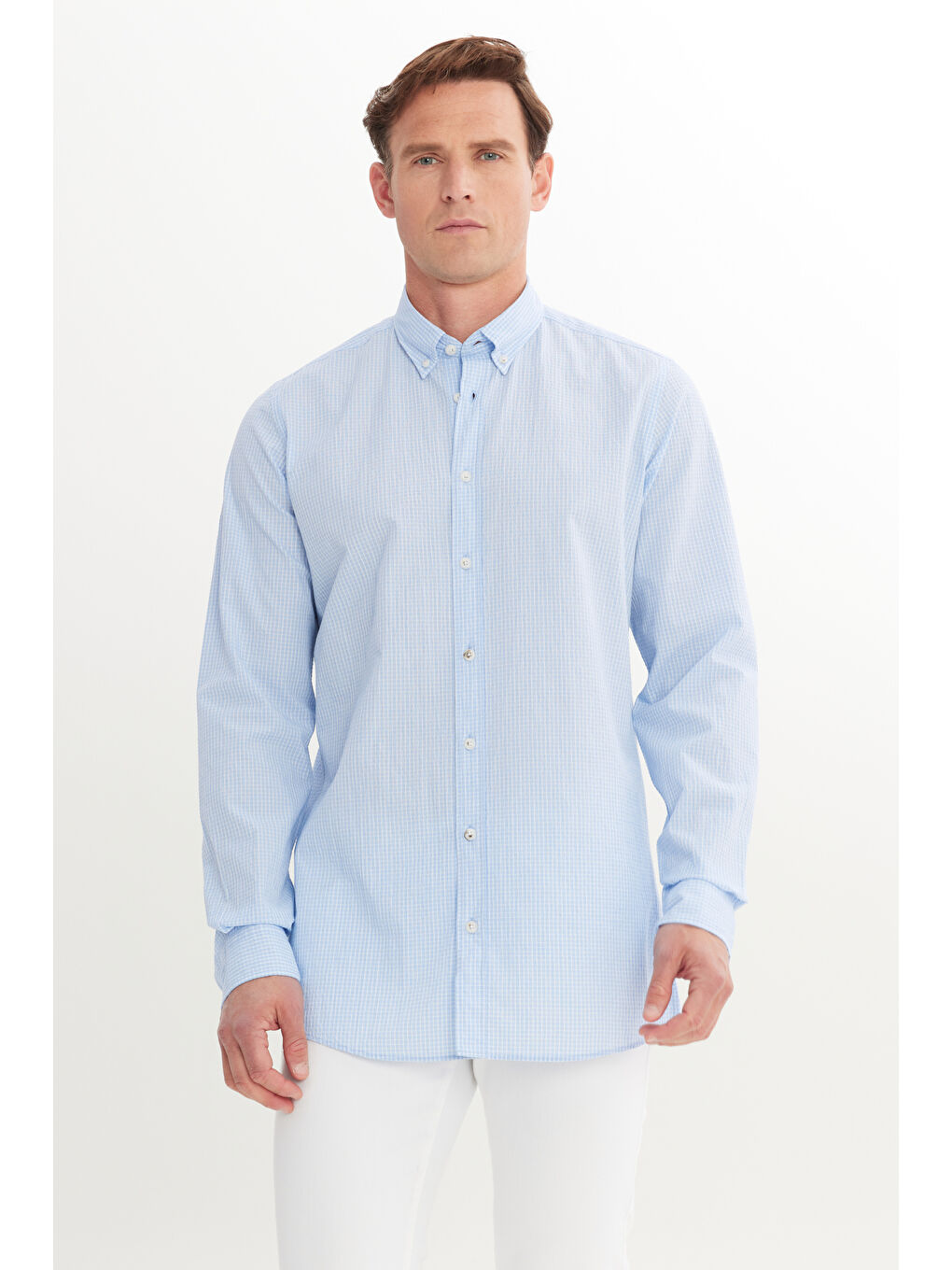 Erkek Beyaz-Mavi Pamuklu Slim Fit Dar Kesim Düğmeli Yaka Kareli Gömlek-2