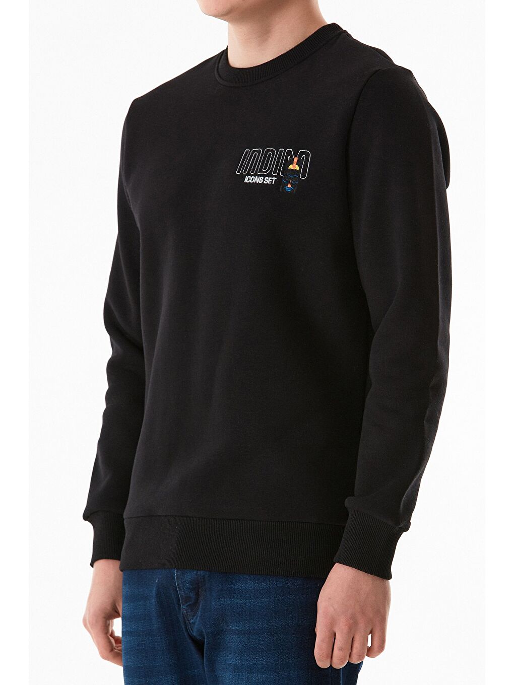 Siyah 3 İplik Yazı Nakışlı Bisiklet Yaka Sweatshirt-4