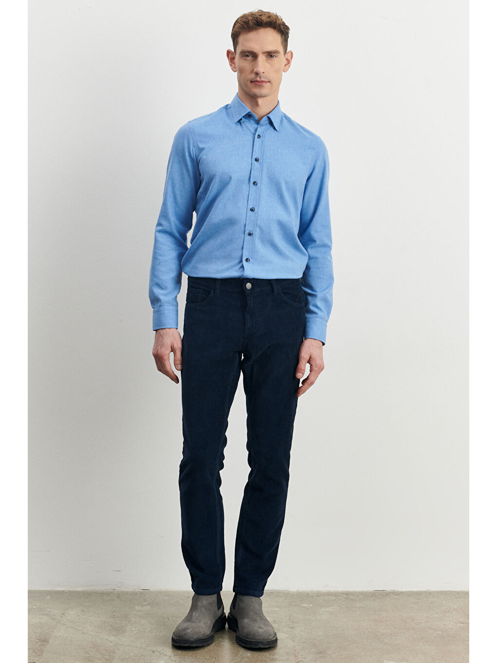 Erkek Lacivert Slim Fit Dar Kesim Esnek Kadife Pantolon-4