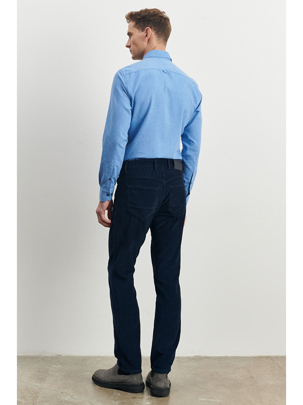 Erkek Lacivert Slim Fit Dar Kesim Esnek Kadife Pantolon-5