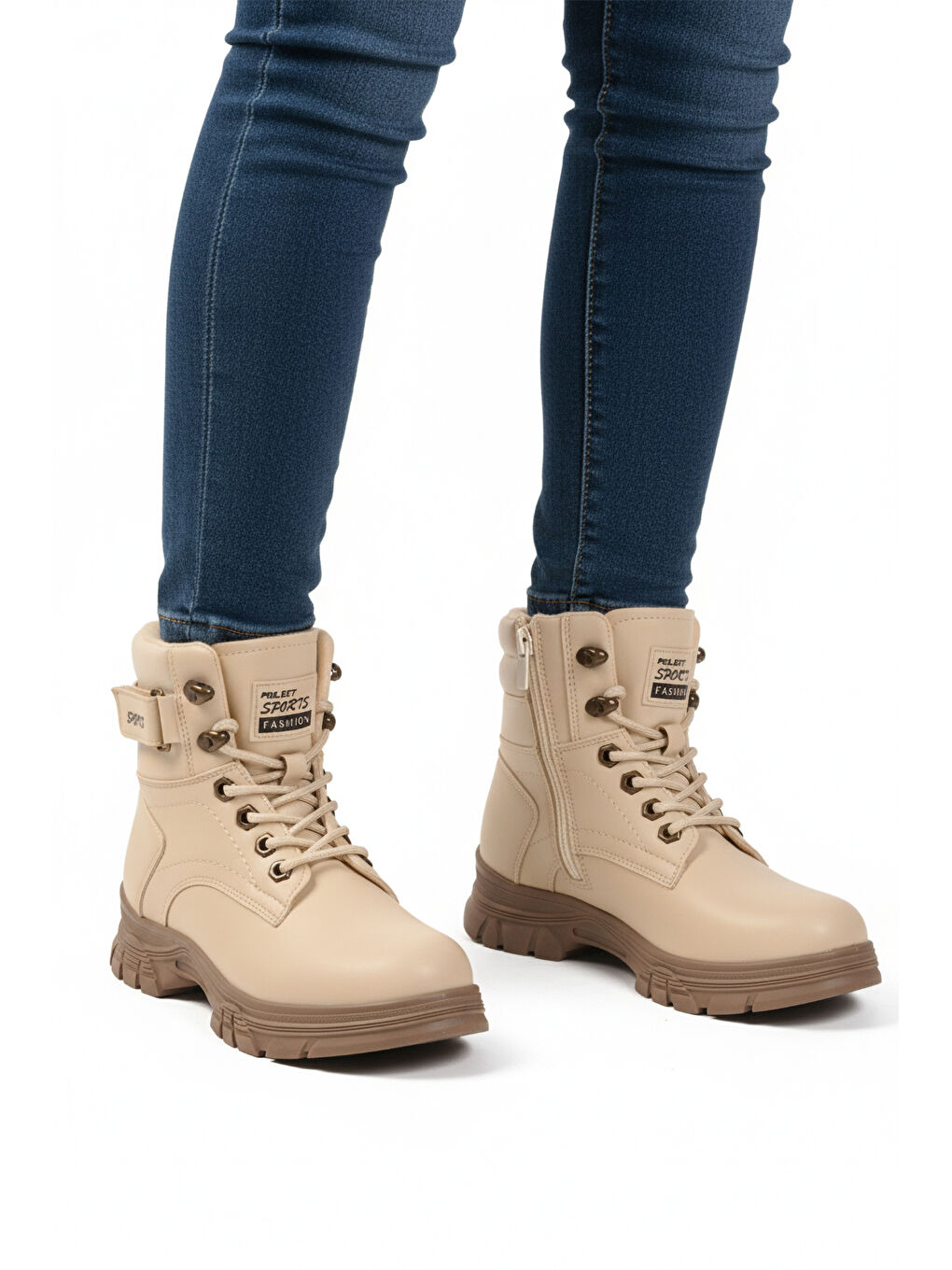Bej Vizon İçi Polarlı Fermuarlı Kaymaz Taban Kadın Bot 24035 Z-1