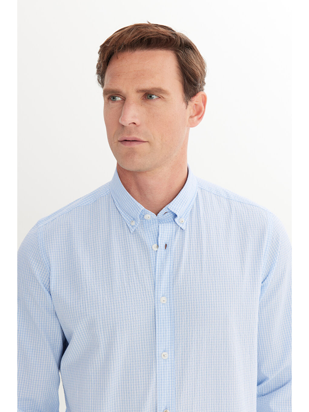 Erkek Beyaz-Mavi Pamuklu Slim Fit Dar Kesim Düğmeli Yaka Kareli Gömlek-3