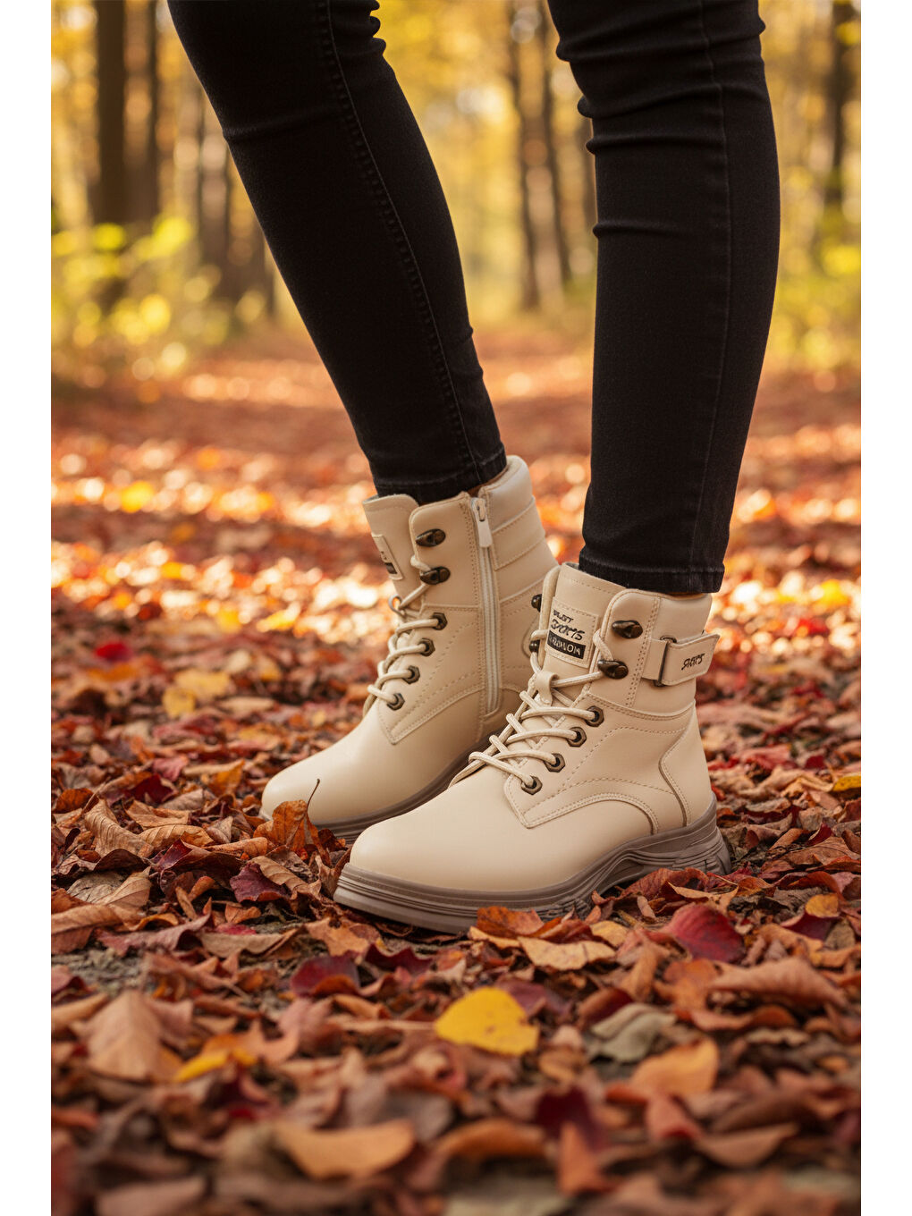 Bej Vizon İçi Polarlı Fermuarlı Kaymaz Taban Kadın Bot 24035 Z-2