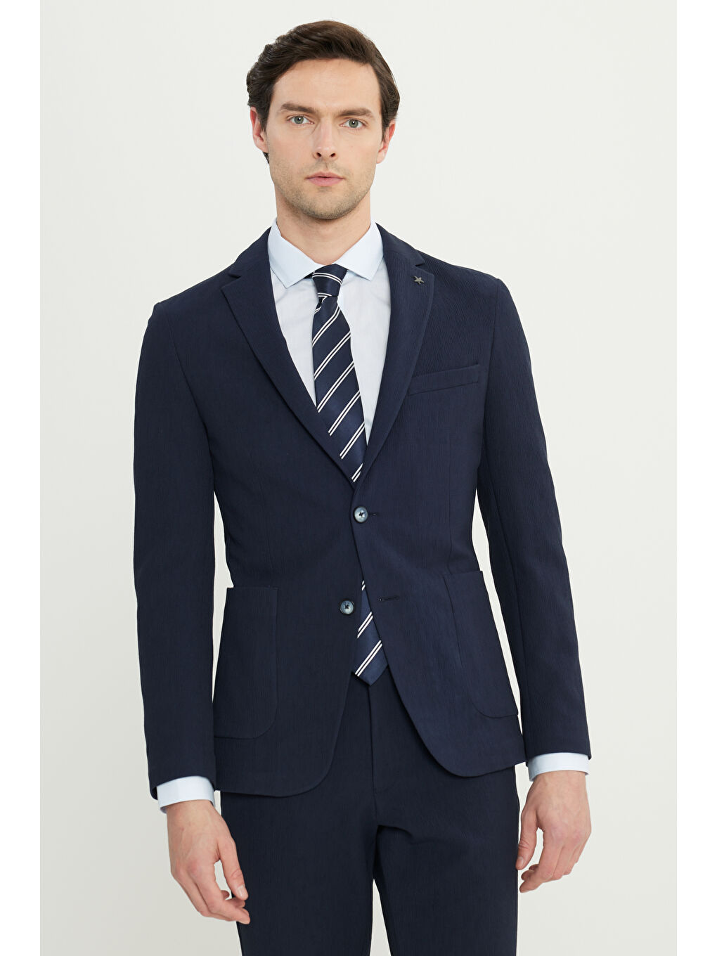 Erkek Lacivert Pamuklu Slim Fit Mono Yaka Torba Cepli Esnek Takım Elbise