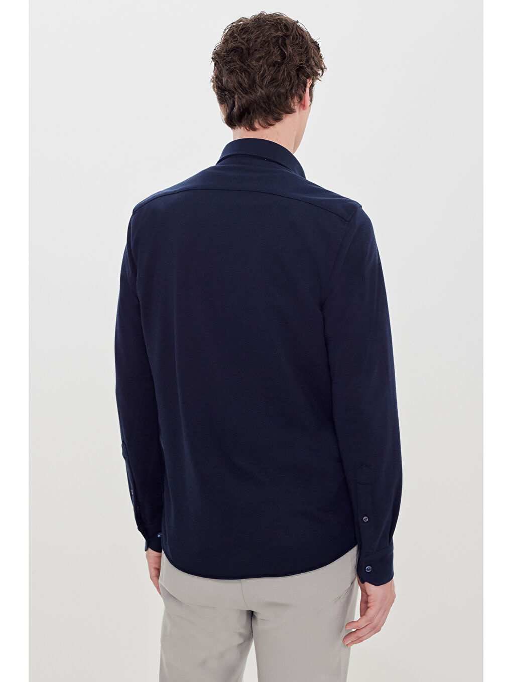 Erkek Lacivert 360 Her Yöne Esneyen Pamuklu Slim Fit Dar Kesim Düğmeli Yaka Örme Gömlek-4